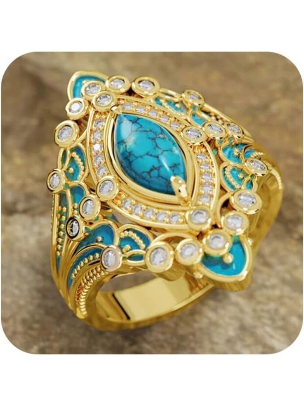 14K Gold Plated Turquoise Statement Ring for Women, Boho Cocktail Jewelry Gift